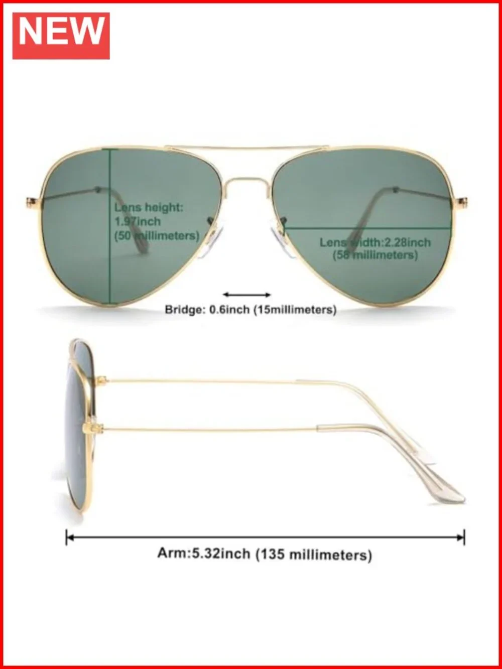 Classic Aviator Flat Lens Sunglasses Metal Frame Non-Polarized